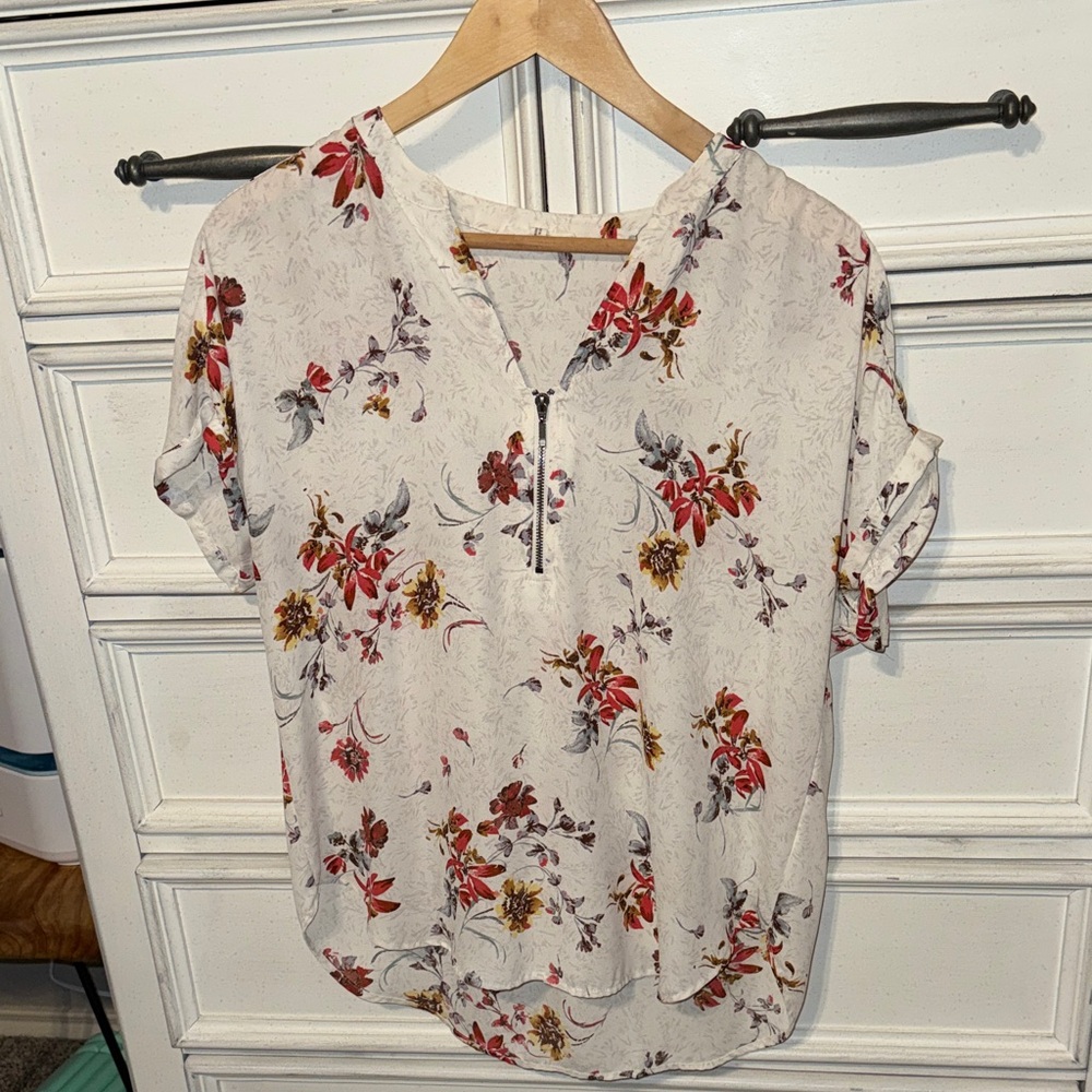 Maurices Cream Floral Blouse with Red and Yellow Accents